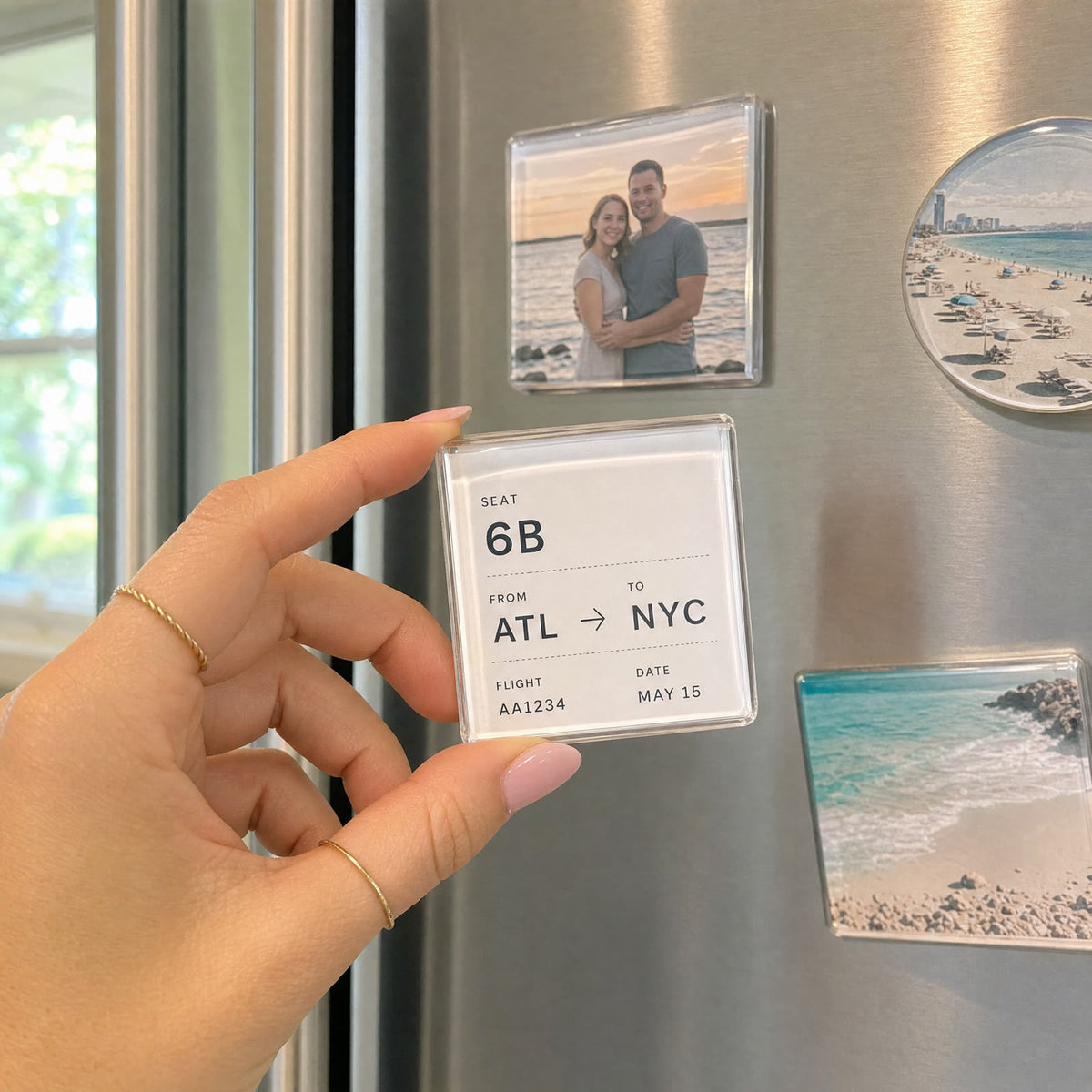 Boarding pass turned into a clear magnet on the fridge