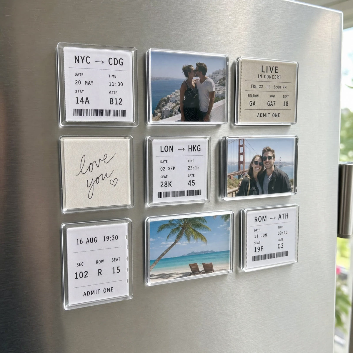 Fridge full of ticket and photo magnets