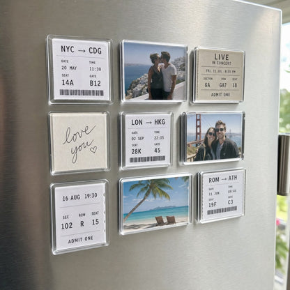 Fridge full of ticket and photo magnets